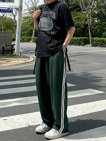 saferido 2024 Summer Men's Contract Color Striped Sweatpants New Korean Style Elastic Waist Wide Leg Pants Fashion Male Trousers