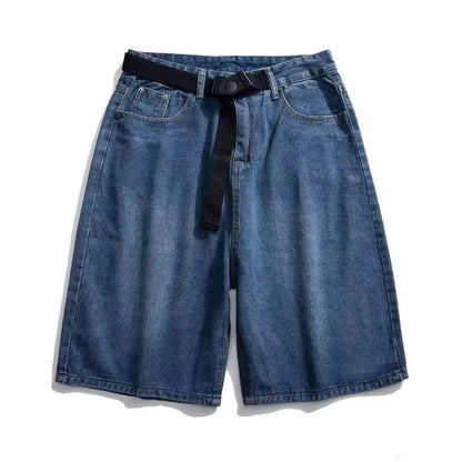 saferido Mens Y2k Casual Sports Denim Shorts 2024 Spring Summer New Genderless Streetwear Simple Solid Color Loose Jeans with Belt Unisex
