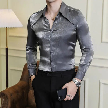 saferido Mens Korean Style Slim Sexy Polarized Pointed Collar Long-Sleeve Shirt Autumn Nightclub Trend No-Iron Anti-Wrinkle Shirt For Men