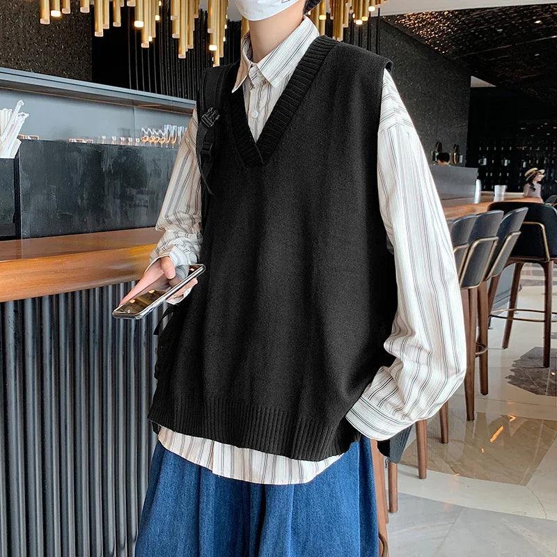 saferido Sweater Vest Men V-neck Solid Leisure Loose All-match Streetwear Sleeveless Sweaters Mens Knitted Korean Style Waistcoat