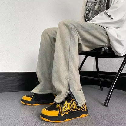 saferido Trendy Black American Style Vibe Straight-leg Jeans Men's Casual Loose Fit Zippered Side Slit Denim Trousers