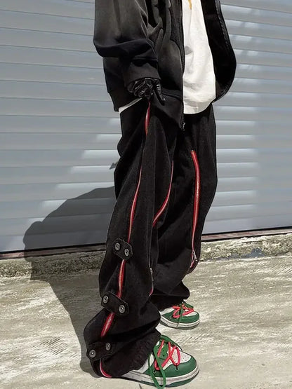 saferido American Goods Harajuku Casual Loose Punk Rock Straight Wide-Leg Pants Street Y2K Cargo Pants Retro Street Zipper Split Jeans