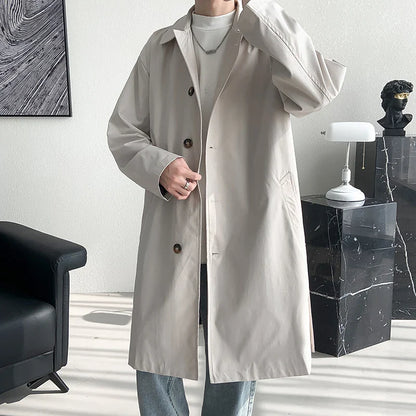 Men's Trench Coat Fashion long Windbreaker Men Solid Color Single Breasted Loose Casual Trench Man Streetwear Plus Size M-5XL