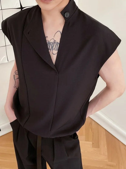 Men Clothing Spring Summer Stand Collar Design Sleeveless Short Vests Pullover Vest Shirt Fashion Tops For Male
