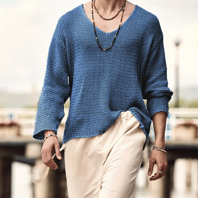Autumn Men Long Sleeve T Shirt Vintage Solid Knitting Tops Mens Casual Loose V Neck Tee Fashion Male Knitted Clothing Streetwear