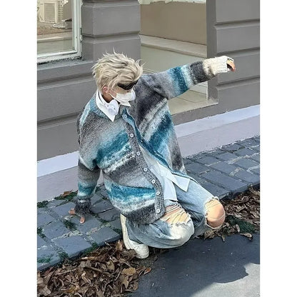 saferido Striped Knitted Sweater Coat Men Japanese Y2K Oversize Casual Autumn Winter Loose V-Neck Cardigan for Men Rainbow Color
