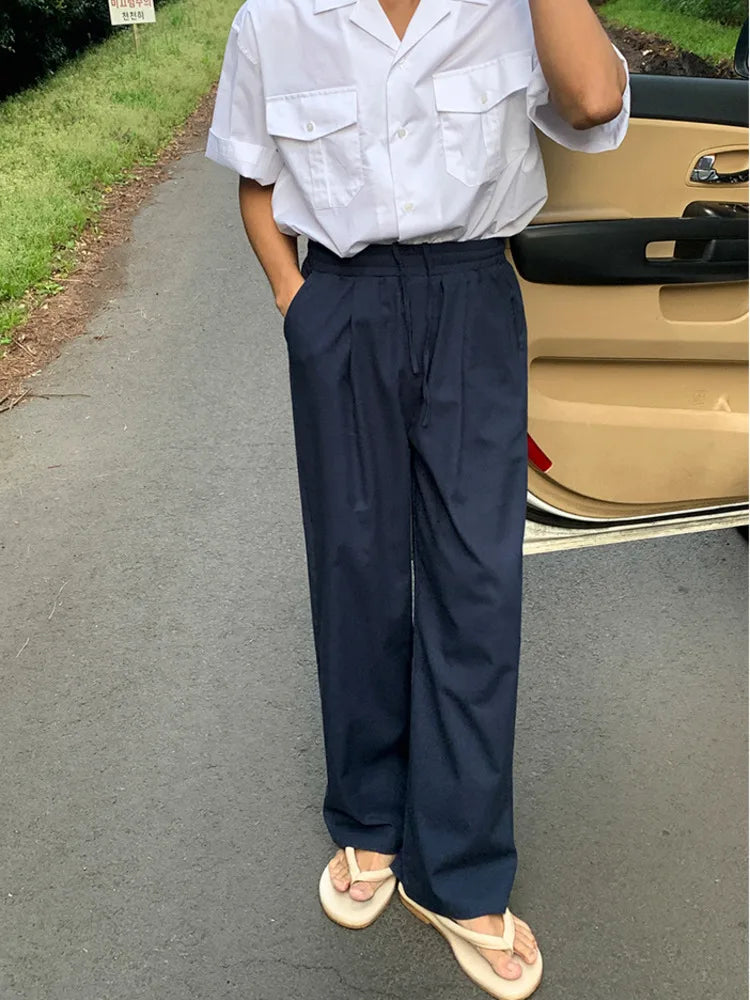 saferido  2024 Summer New Men's Casual Pants Korean Style Lazy Wind Solid Color Elastic Waist Trousers Lace-up Loose Straight