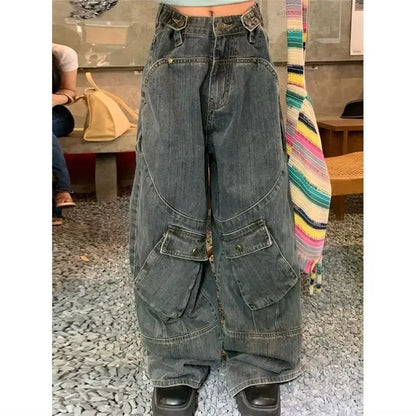 Large Size Retro Punk Style Large Pocket Tooling Jeans Women's Street Fashion Straight-leg Pants Y2k Loose Mopping Pants for Men