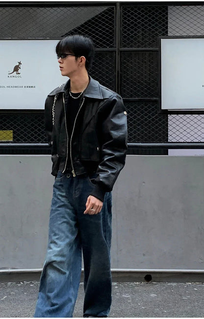 saferido Spring Autumn Cool Waterproof Black Pu Leather Jacket Men Shoulder Pads Long Sleeve Zipper Luxury Designer Clothes