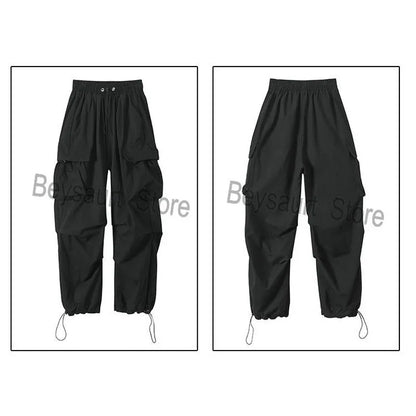 saferido Streetwear Spring Harem Casual Pants Men Elastic Waist Solid Color Cargo Pants Multi Pocket Loose Baggy Pants For Women