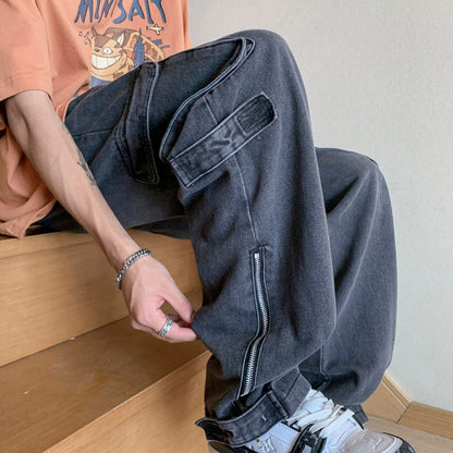 Fashion Pocket Zipper Men's Jeans Neutral Wide Leg Denim Trousers Loose Straight Jeans Youth Casual Neutral Hip Hop Pants