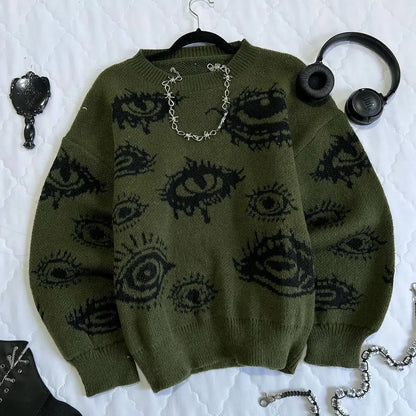 saferido Gothic Punk Oversized Eye Pattern Sweaters for Men and Women Autumn and Winter Thickened Sweatshirts Knitted Sweater Streetwear
