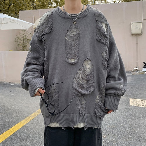 Ripped Sweaters Pullovers for Men Baggy High Street Retro Japanese Design Y2k Knitwear Harajuku Handsome Cool Teens Chic