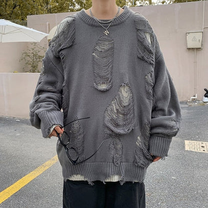 Ripped Sweaters Pullovers for Men Baggy High Street Retro Japanese Design Y2k Knitwear Harajuku Handsome Cool Teens Chic