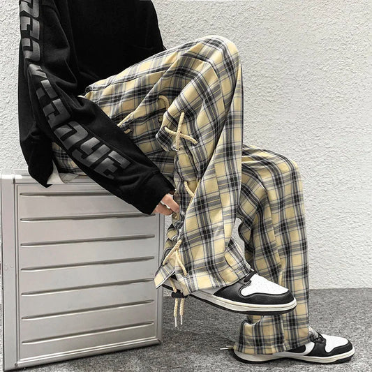 saferido Casual Straight Wide Leg Pants Breathable High Street Trend Loose Casual Cargo Pants Plaid Black Rope Decorative Trousers Spring