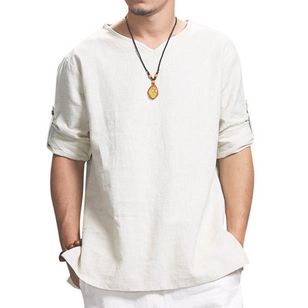 V Neck Cotton Linen T Shirts For Men Solid Color Long Sleeve Shirts Casual Tops Loose Large Size Tees Breathable Men Clothing