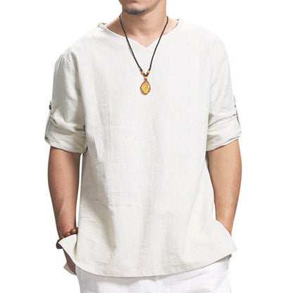 V Neck Cotton Linen T Shirts For Men Solid Color Long Sleeve Shirts Casual Tops Loose Large Size Tees Breathable Men Clothing