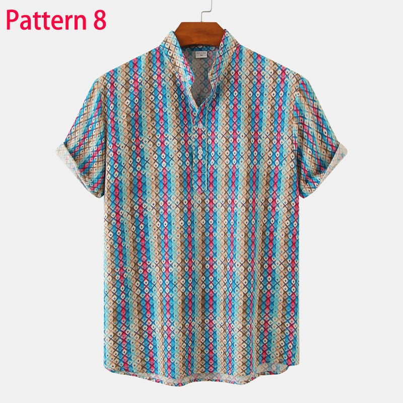 Summer New Short Sleeve Floral Hawaiian Shirt Men Half Placket Collar Beach Shirt Men Casual Holiday Vacation Clothing 3XL