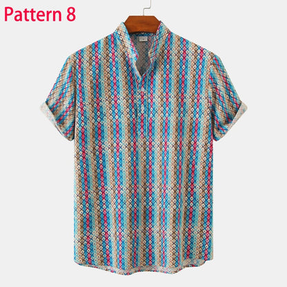Summer New Short Sleeve Floral Hawaiian Shirt Men Half Placket Collar Beach Shirt Men Casual Holiday Vacation Clothing 3XL