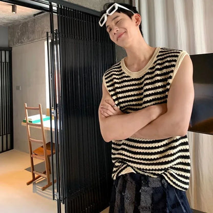 saferido Knitted Sweaters for Men Mesh Vest Sleeveless Man Clothes Black Striped Waistcoat Spring Autumn Designer Luxury 90s Vintage Y2k