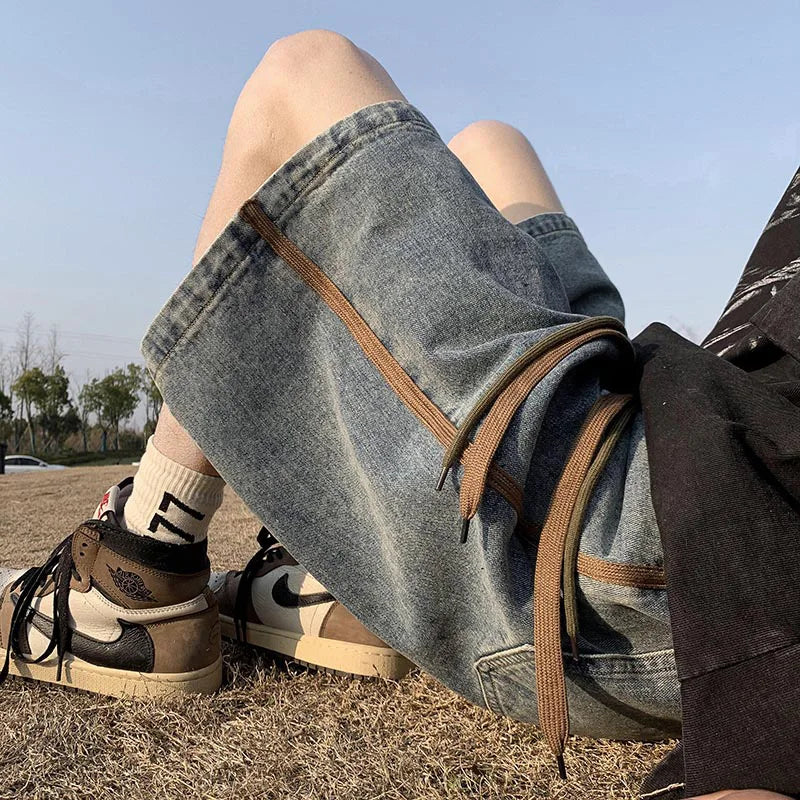 saferido  Side Striped Denim Shorts Men Wide Leg Baggy Drawstring Mid-waist Summer Fitness Handsome Slouchy Knee Length Japanese Style