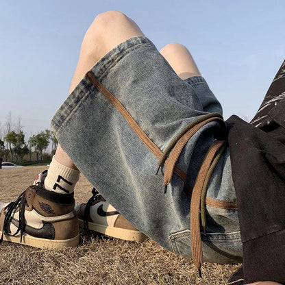 saferido  Side Striped Denim Shorts Men Wide Leg Baggy Drawstring Mid-waist Summer Fitness Handsome Slouchy Knee Length Japanese Style