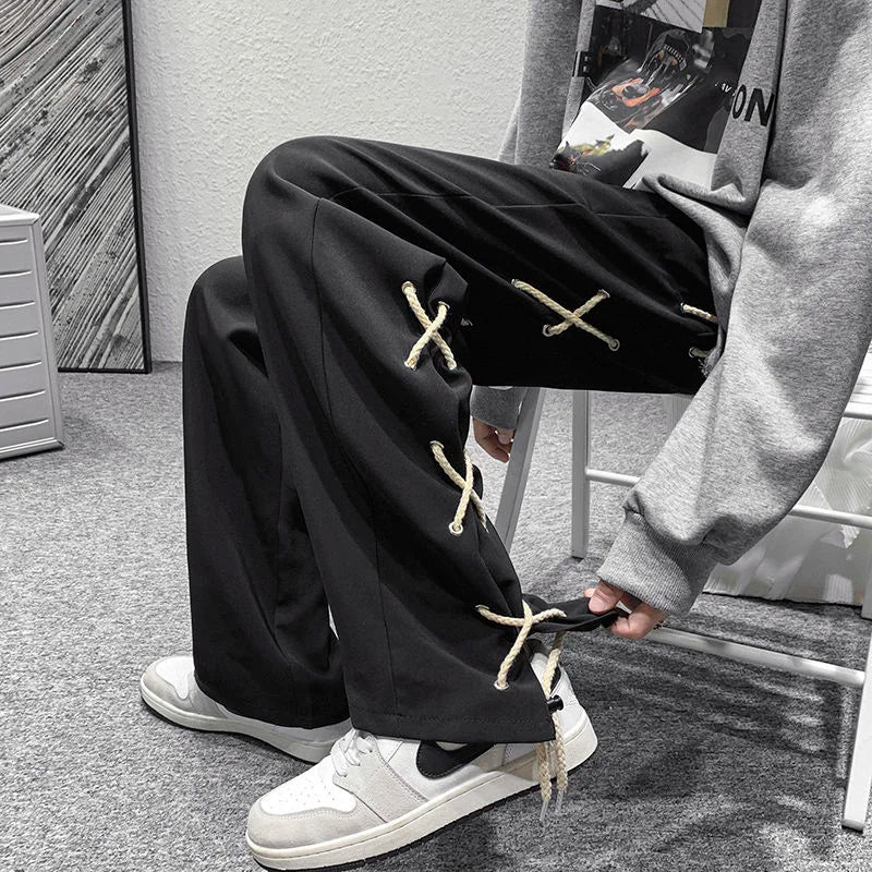 saferido Casual Straight Wide Leg Pants Breathable High Street Trend Loose Casual Cargo Pants Plaid Black Rope Decorative Trousers Spring