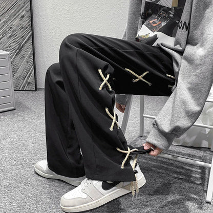 saferido Casual Straight Wide Leg Pants Breathable High Street Trend Loose Casual Cargo Pants Plaid Black Rope Decorative Trousers Spring