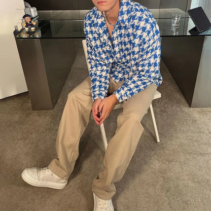 saferido Spring New Simple Versatile Fashionable Blue Houndstooth Woolen Shirt Style Genderless Casual Unisex Long-Sleeved Shirt