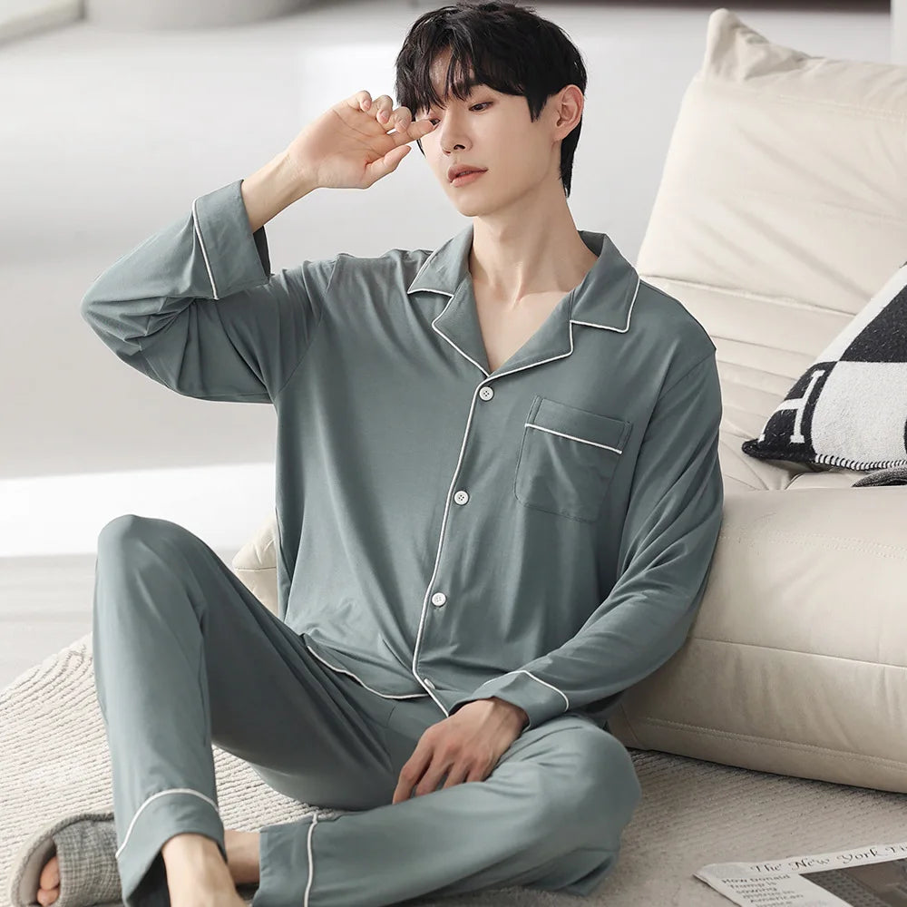 saferido Autumn Pajamas Sets Men Long Sleeve Modal Cotton Thin Teenage Boys' Large Size Spring Outwear Home Cloth Suit Sleepwear Male
