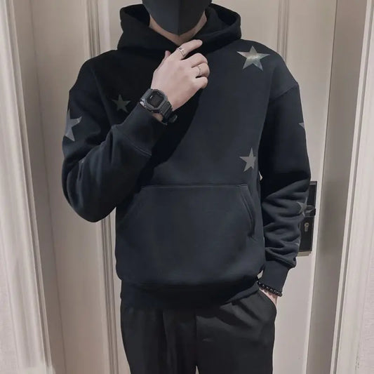 saferido Sweatshirt for Man Hooded Black Male Clothes Hoodies Star Sweat Shirt Emo Korean Style One Piece Novelty and Warm Loose