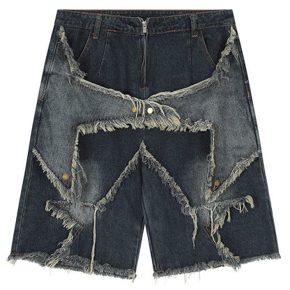 Harajuku Vintage Functional Embroidered Star Pattern Denim Shorts Men's Oversized Sunny Bermuda Casual Shorts College Pants Y2K