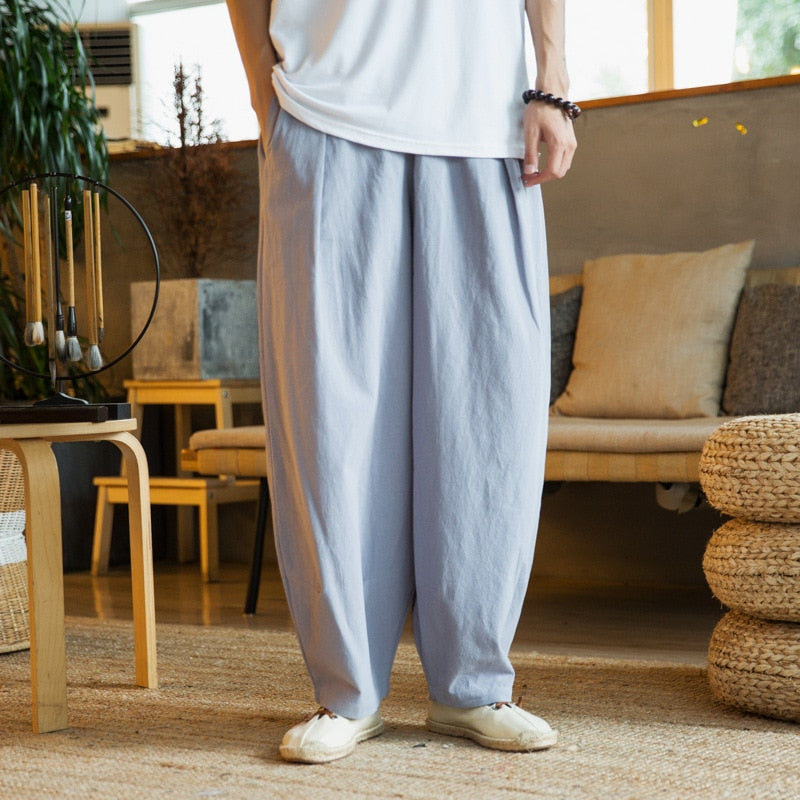 Loose Men's Cotton Linen Pants Summer Solid Color Breathable Linen Trousers Male Casual Elastic Waist Fitness Pants Plus Size