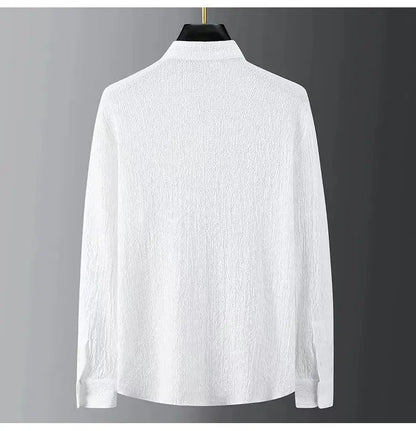 Spring Summer New Fashion Suit Men Long Sleeve Casual Shirts And Pant Seersucker Striped Pleats Slim Handsome Two-piece Set
