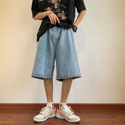 saferido Summer Denim Shorts for Men Korean Harajuku Retro All-Match Baggy Straight Bottoms Wide-Leg High Street Five-Point Jeans Pants