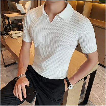 saferido  British Style Men's Summer Casual Short Sleeves Polo Shirts/Male Slim Fit High Quality Stripe Knitted V-neck Polo Shirts