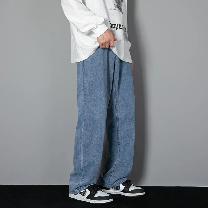 saferido New Korean Men's Casual Long Jeans Classic Man Straight Denim Wide-leg Pants Solid Color Light Blue Grey Black 3XL