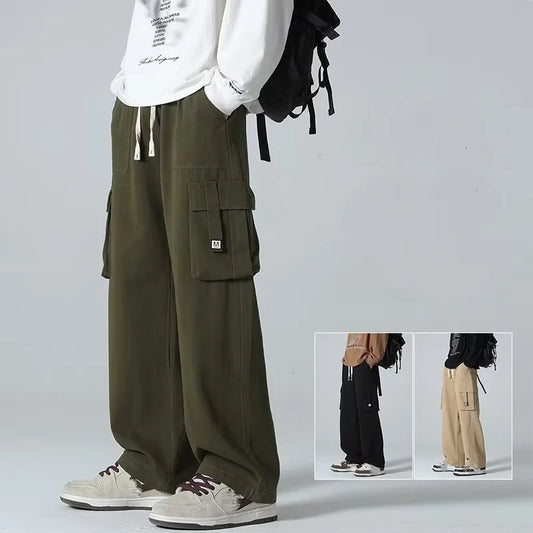 saferido Spring And Autumn Trendy Solid Color Overalls Men's Corduroy Wide-leg Pants Loose Straight Casual Sports Trousers For Men M-3XL