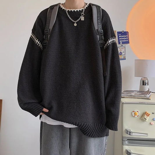 saferido Men's Knit Pullovers Sweaters and Jumpers Vintage Retro Sweater Knitted Pullover Men Korean Streetwear Hip Hop Spliced