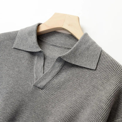 Designed Winter Small V-neck Pullover Knitted Sweater Men Retro Polo Collar Loose High-end Simple Solid Color Vintage Sweater