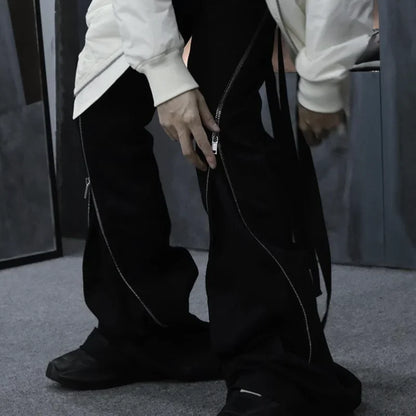 saferido Harajuku Sashes Zipper Decorate Vibe Style Black Cargo Pants for Men High Street Straight Casual Baggy Oversized Unisex Trousers