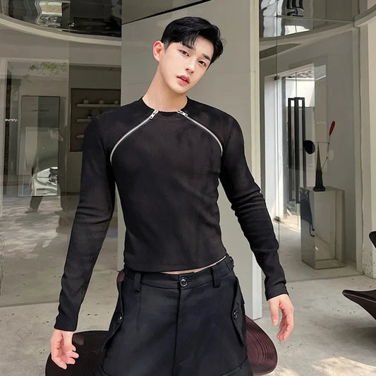 saferido Men's Slim Long Sleeve T-shirts 2024 Autumn New Niche Design Dark Zipper Split Versatile Tops Korean Style Clothing