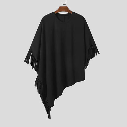 saferido 2024 New Men T Shirt Tassel Solid Color Cloak Punk Style Streetwear Fashion Irregular Tops O-neck Loose Casual Cape Camisetas