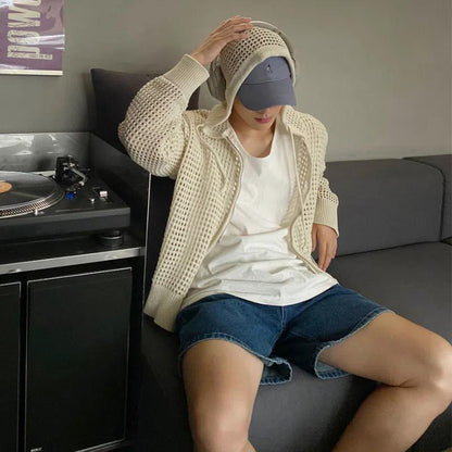HOUZHOU Vintage Knit Mesh Coat for Men Hole Hooded Cardigan Long Sleeve Tee Male Casual Summer Japanese Streetwear Hip Hop