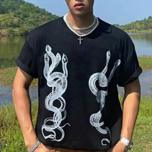 saferido Men's Casual T-Shirt Fashionable Trendy Hip-Hop High Street Y2k Retro Snake Pattern Loose Cotton Top 2024 Spring And Summer