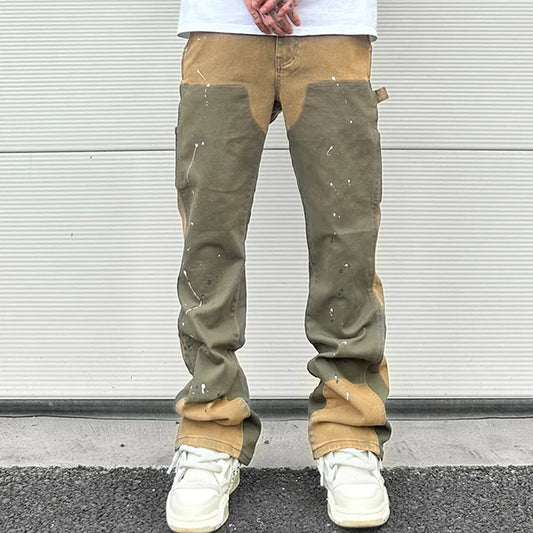 saferido Splash Ink Painted Washed Micro Elastic Denim Logging Pants Men's Patchwork Baggy Y2K Jeans Oversized Casual Cargo Trousers