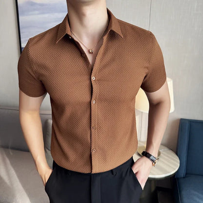Men Waffle Shirt Short Sleeved Summer New British Style Business Non Ironing Solid Color Casual Slim Fit Shirt Men Clothing
