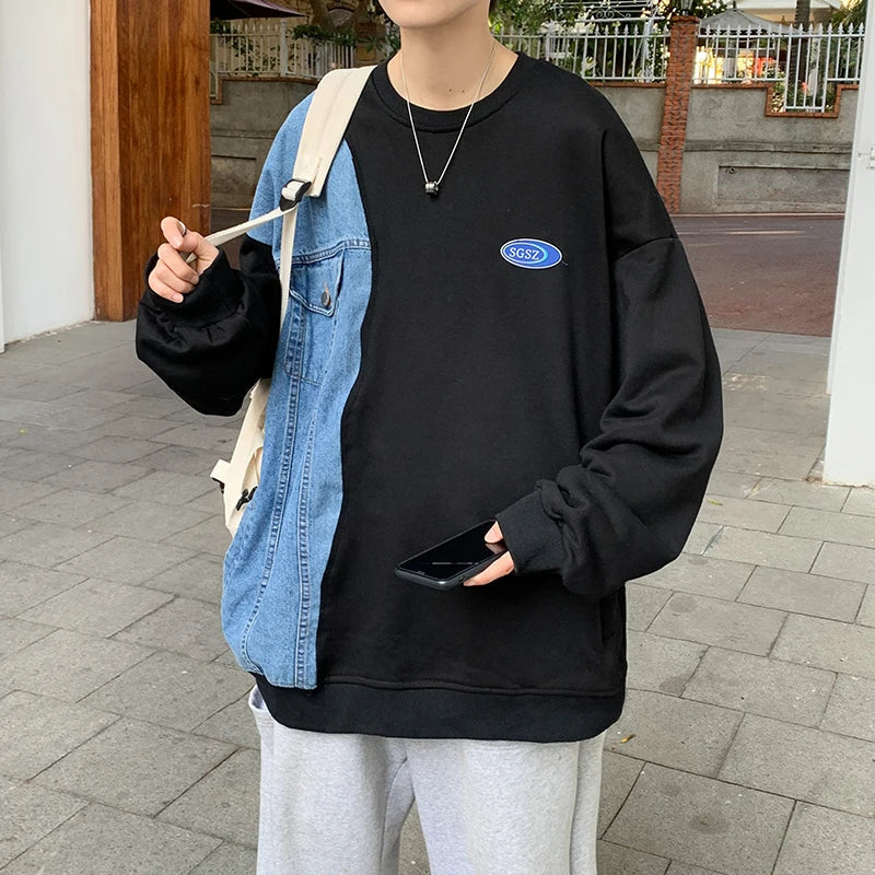 Denim Patchwork Sweatshirt for Men New Autumn Korean Fashion Loose Casual Round Neck Long Sleeve Harajuku Sweatshirt