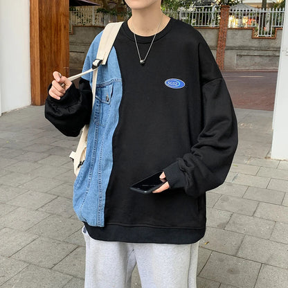 Denim Patchwork Sweatshirt for Men New Autumn Korean Fashion Loose Casual Round Neck Long Sleeve Harajuku Sweatshirt