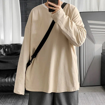 saferido Spring Multicolor Cotton T-shirt Men Fashion Solid Color Casual O-neck T Shirt Men Korean Loose Long-sleeved T-shirt Mens Tops